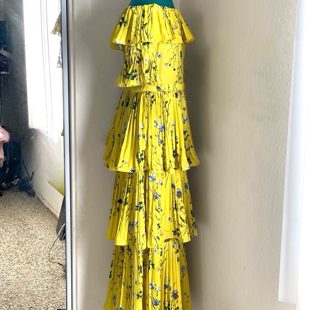 Aqua Yellow Ruffled Tiered Pleated Off-Shoulder Maxi Dress L - Picture 5 of 6